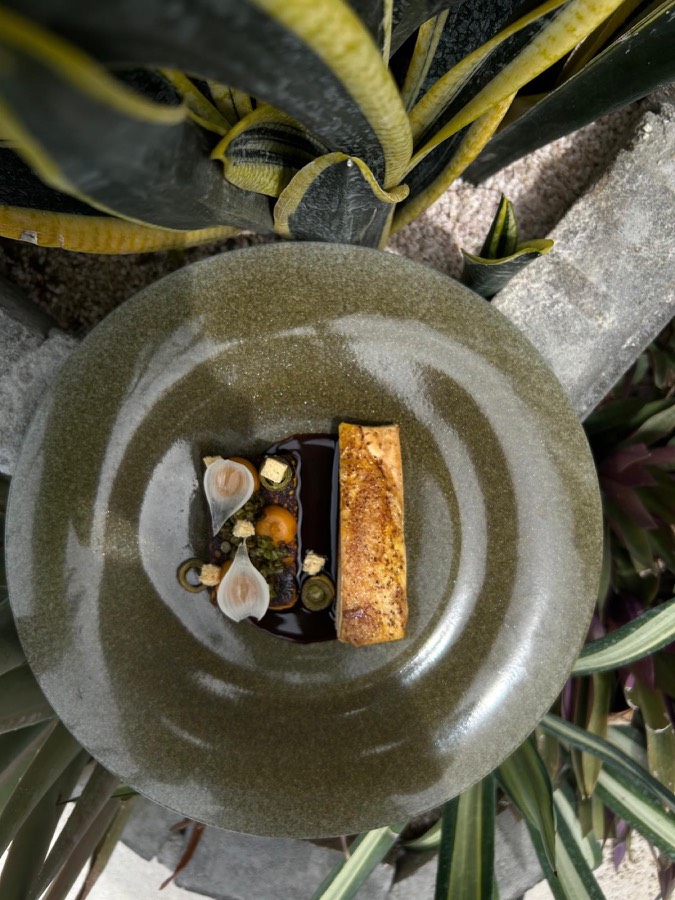 Plated course on a speckled stone plate, seen from above