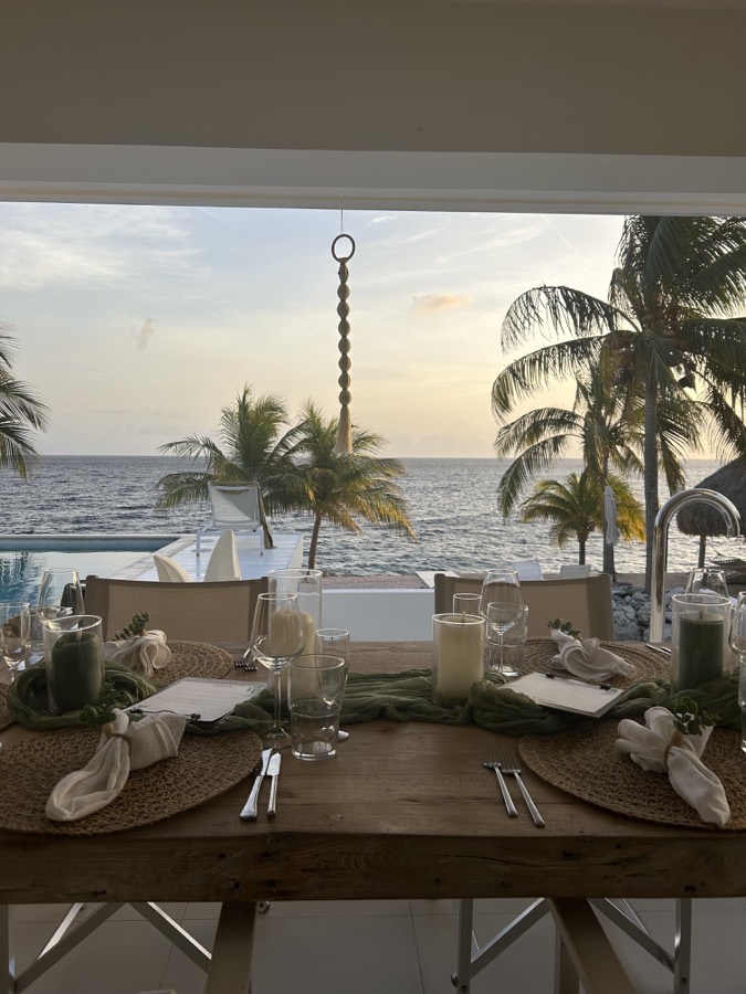 Table set on a terrace overlooking the sea and palm trees